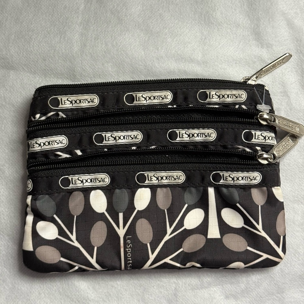 LeSportsac Black and Cream Leaf Pouch